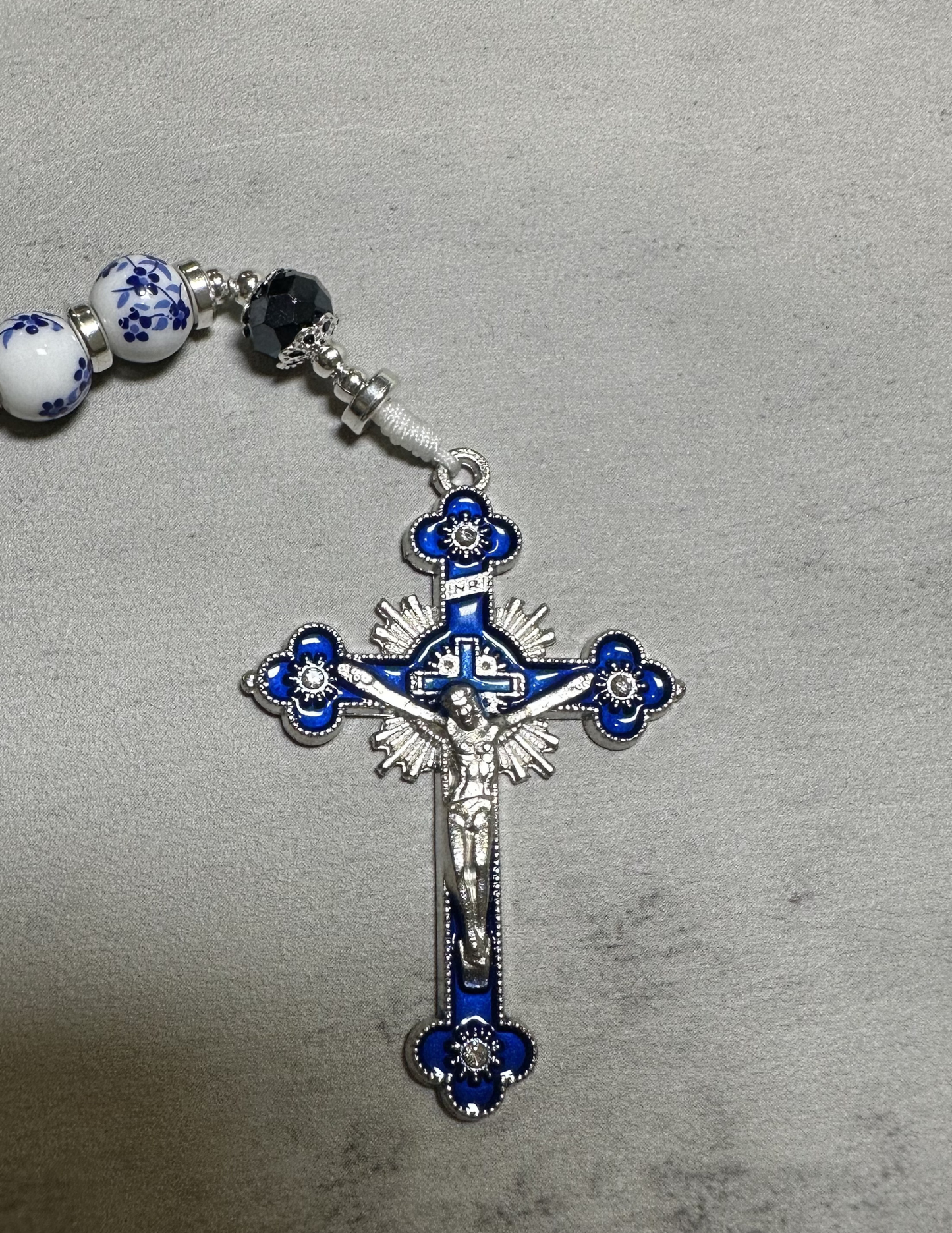 Catholic Rosary Beads | White Ceramic Blue Flower, Crystal Glass | Immaculate Conception Inspired