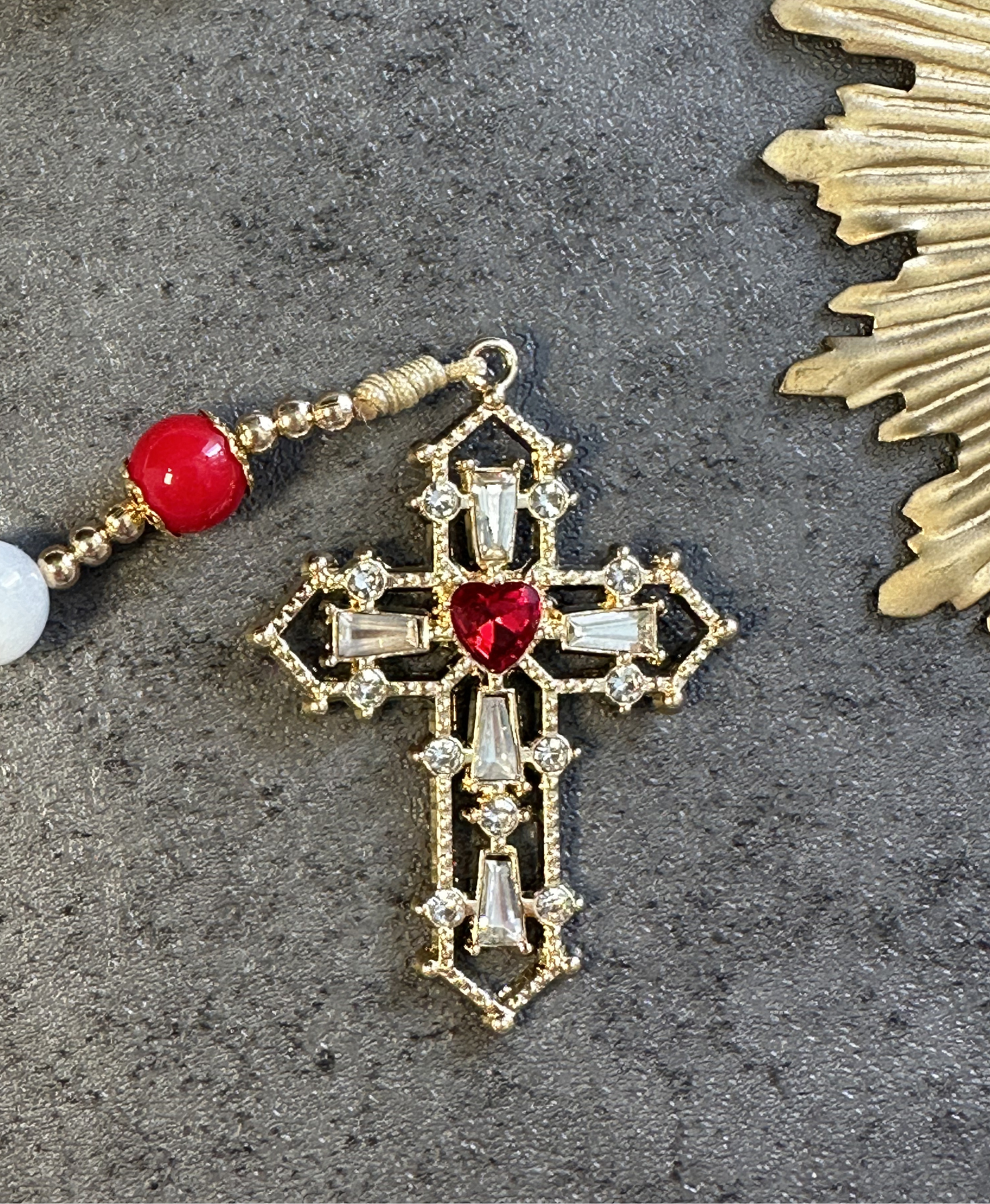 Sacred Heart Rosary | White Jade, Red Crystal Beads | Gold Crucifix Prayer Beads