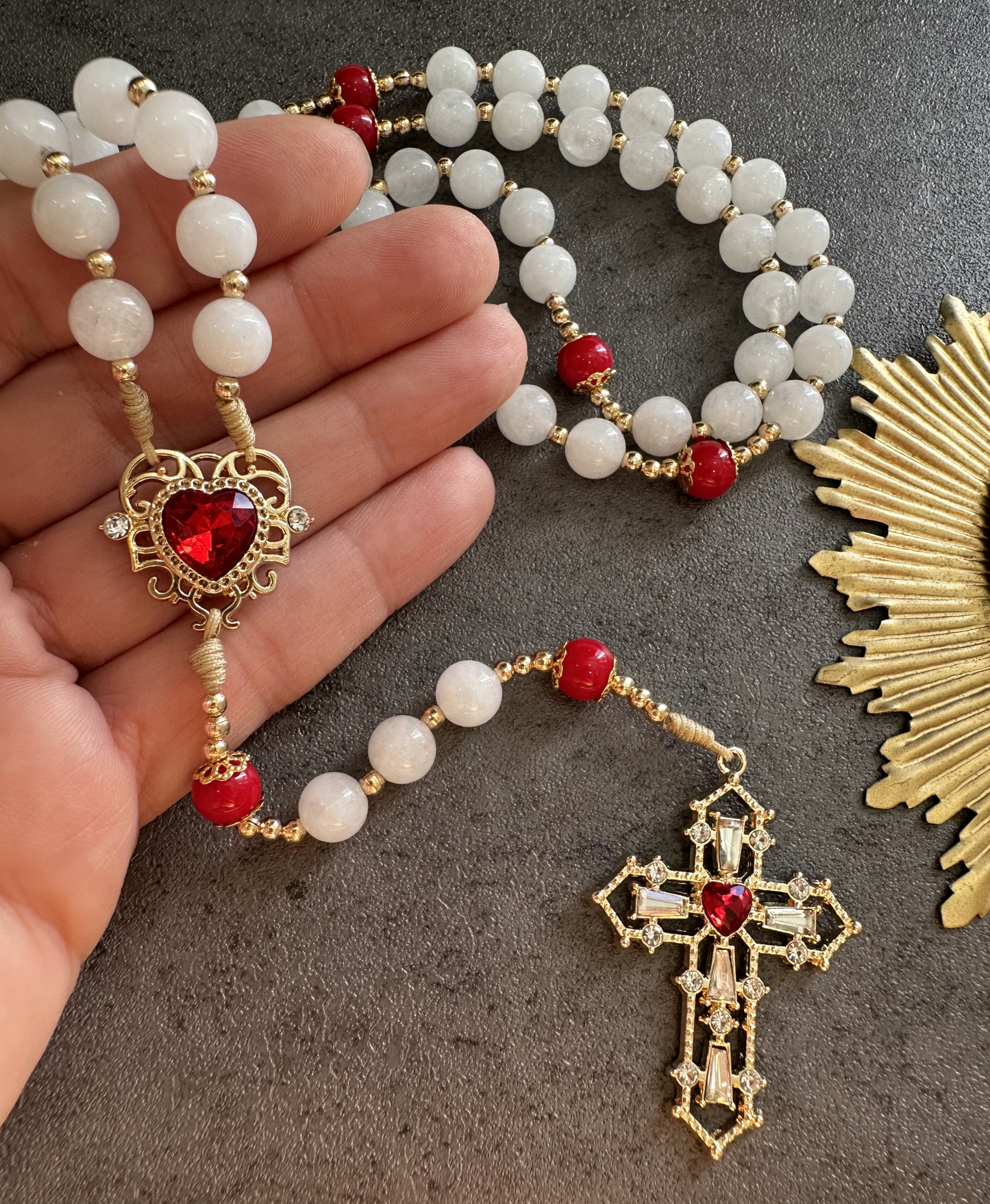 Sacred Heart Rosary | White Jade, Red Crystal Beads | Gold Crucifix Prayer Beads
