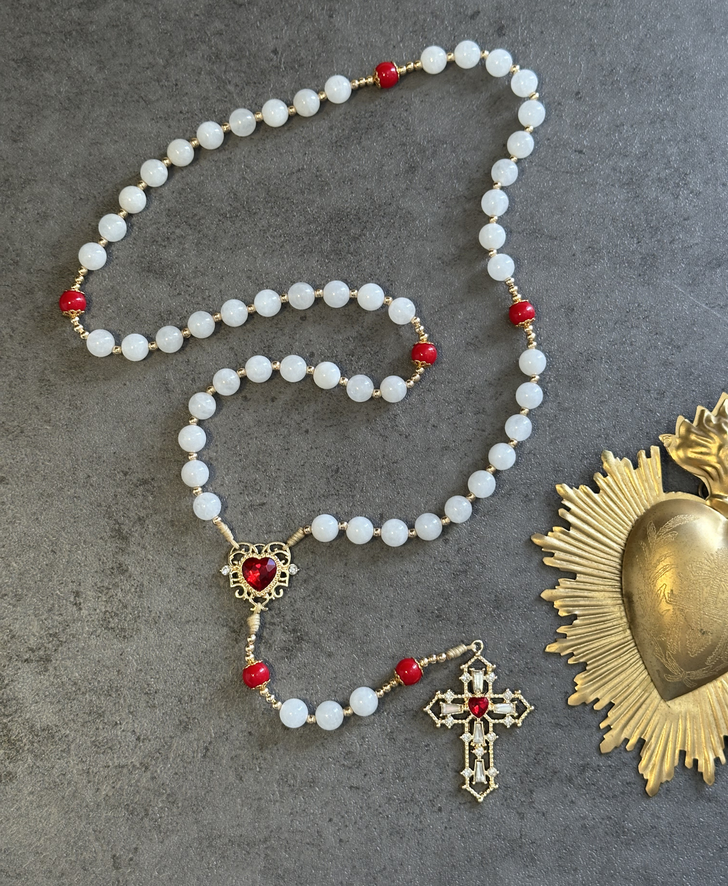 Sacred Heart Rosary | White Jade, Red Crystal Beads | Gold Crucifix Prayer Beads