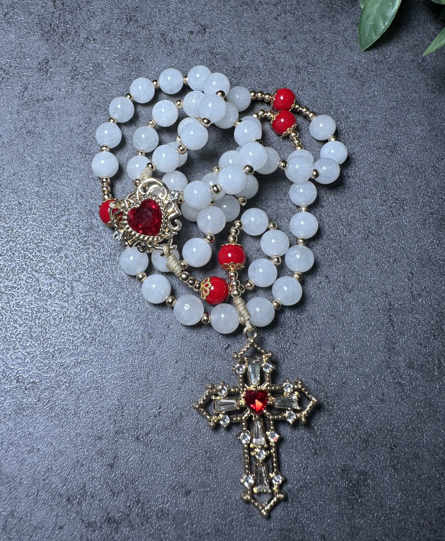 Sacred Heart Rosary | White Jade, Red Crystal Beads | Gold Crucifix Prayer Beads