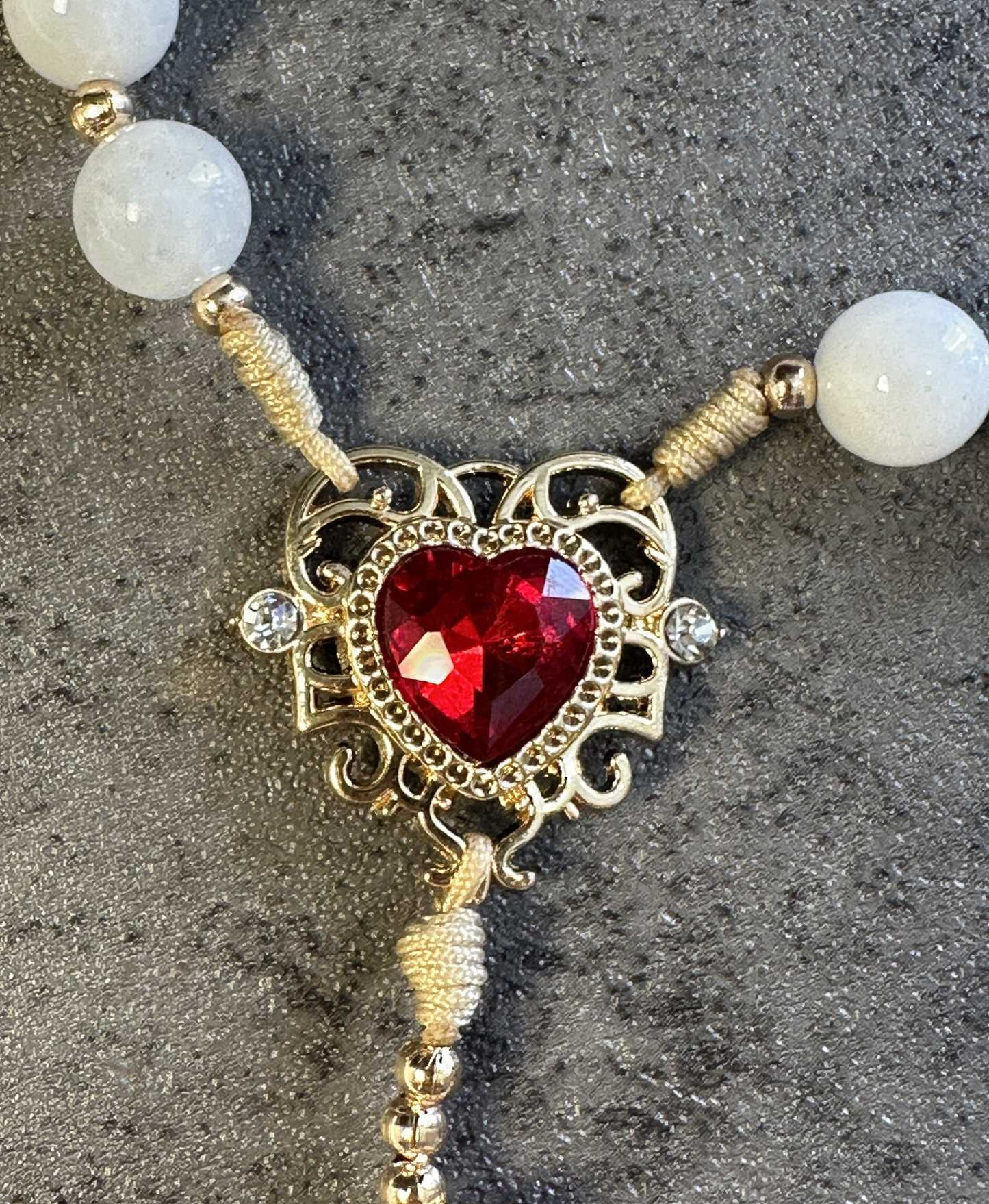 Sacred Heart Rosary | White Jade, Red Crystal Beads | Gold Crucifix Prayer Beads