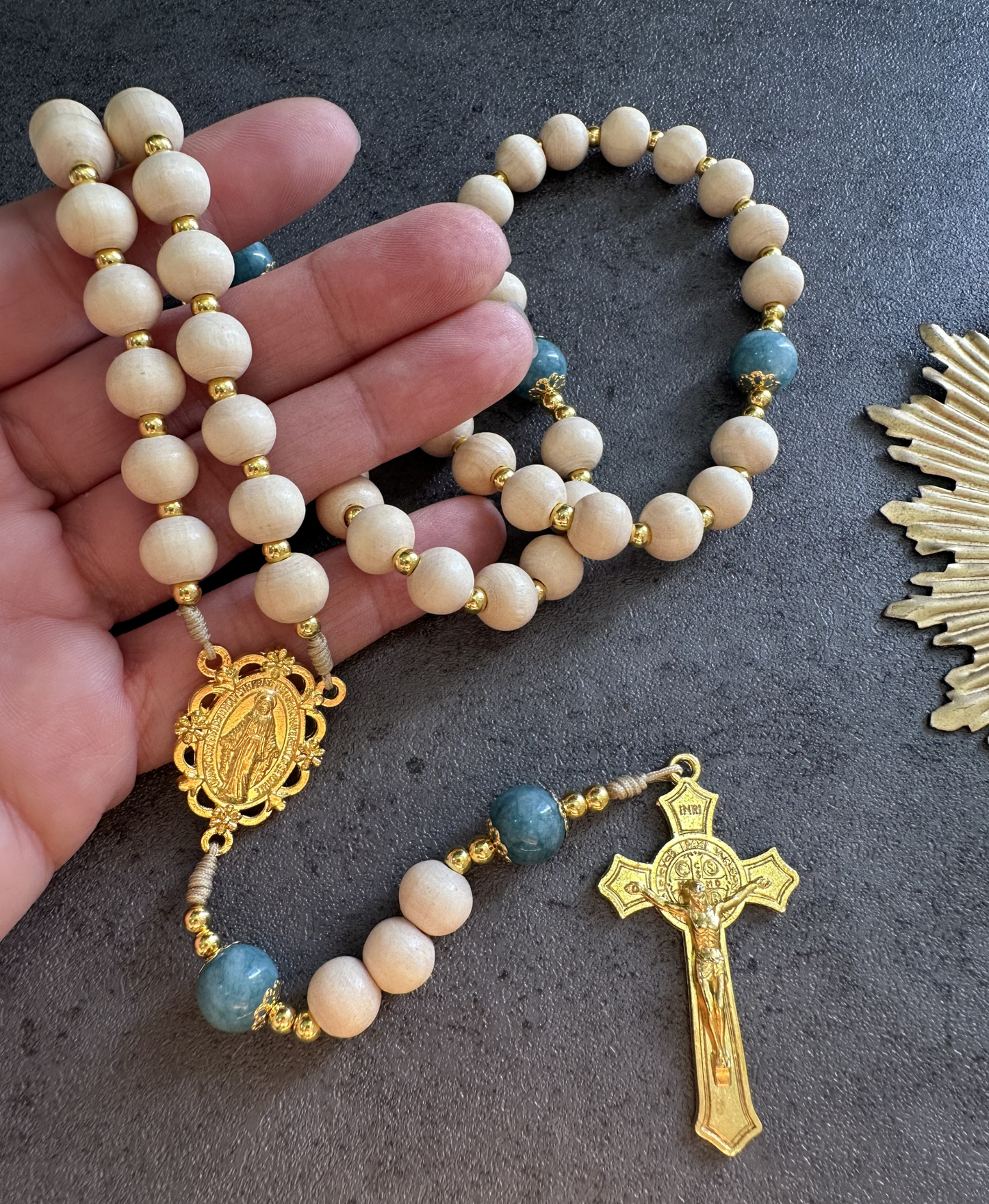 Heavenly Serenity Rosary | Blue Chalcedony, Wood Beads | Catholic Prayer Beads