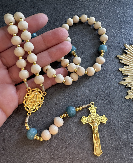 Heavenly Serenity Rosary | Blue Chalcedony, Wood Beads | Catholic Prayer Beads