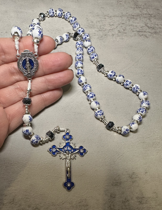Catholic Rosary Beads | White Ceramic Blue Flower, Crystal Glass | Immaculate Conception Inspired