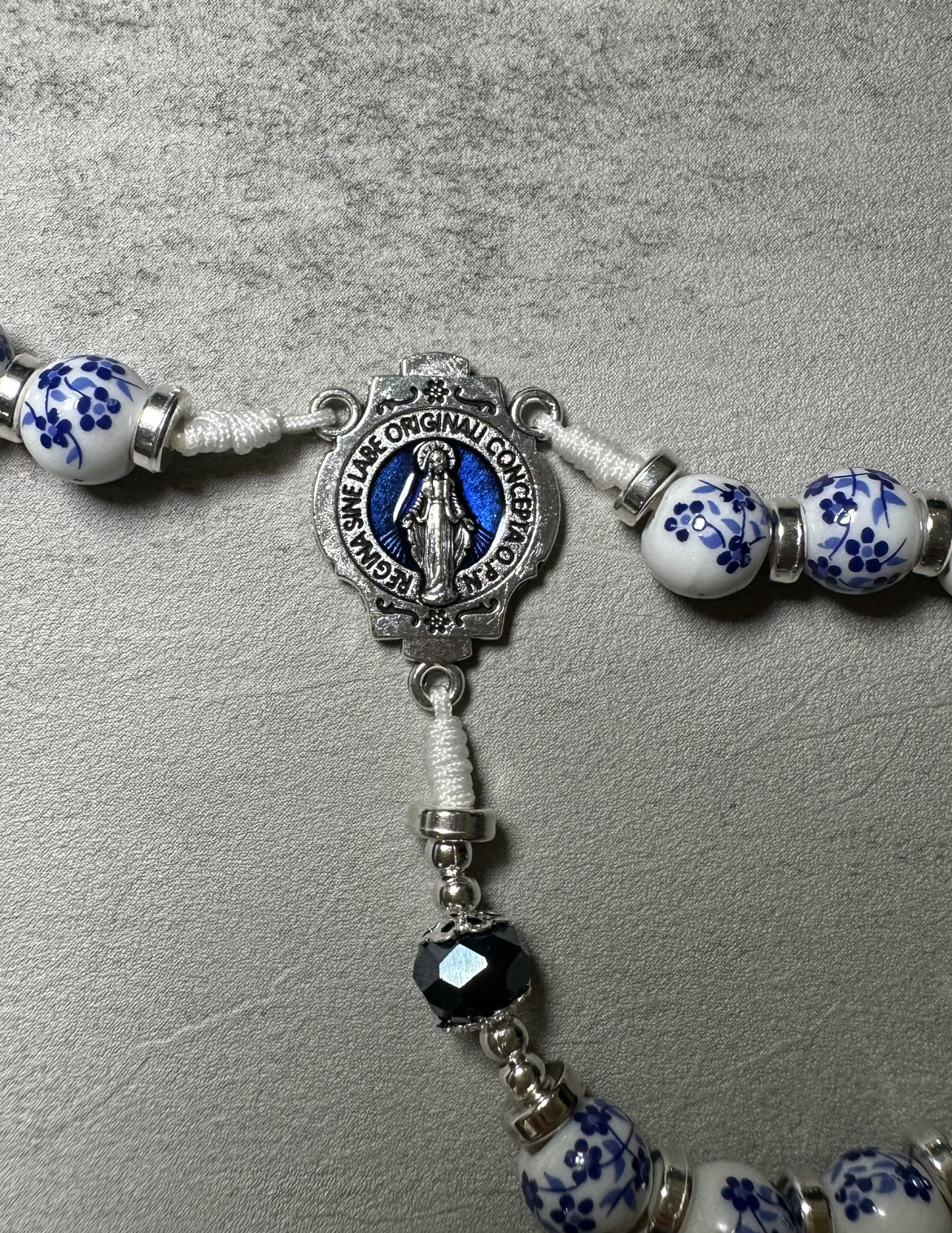 Catholic Rosary Beads | White Ceramic Blue Flower, Crystal Glass | Immaculate Conception Inspired