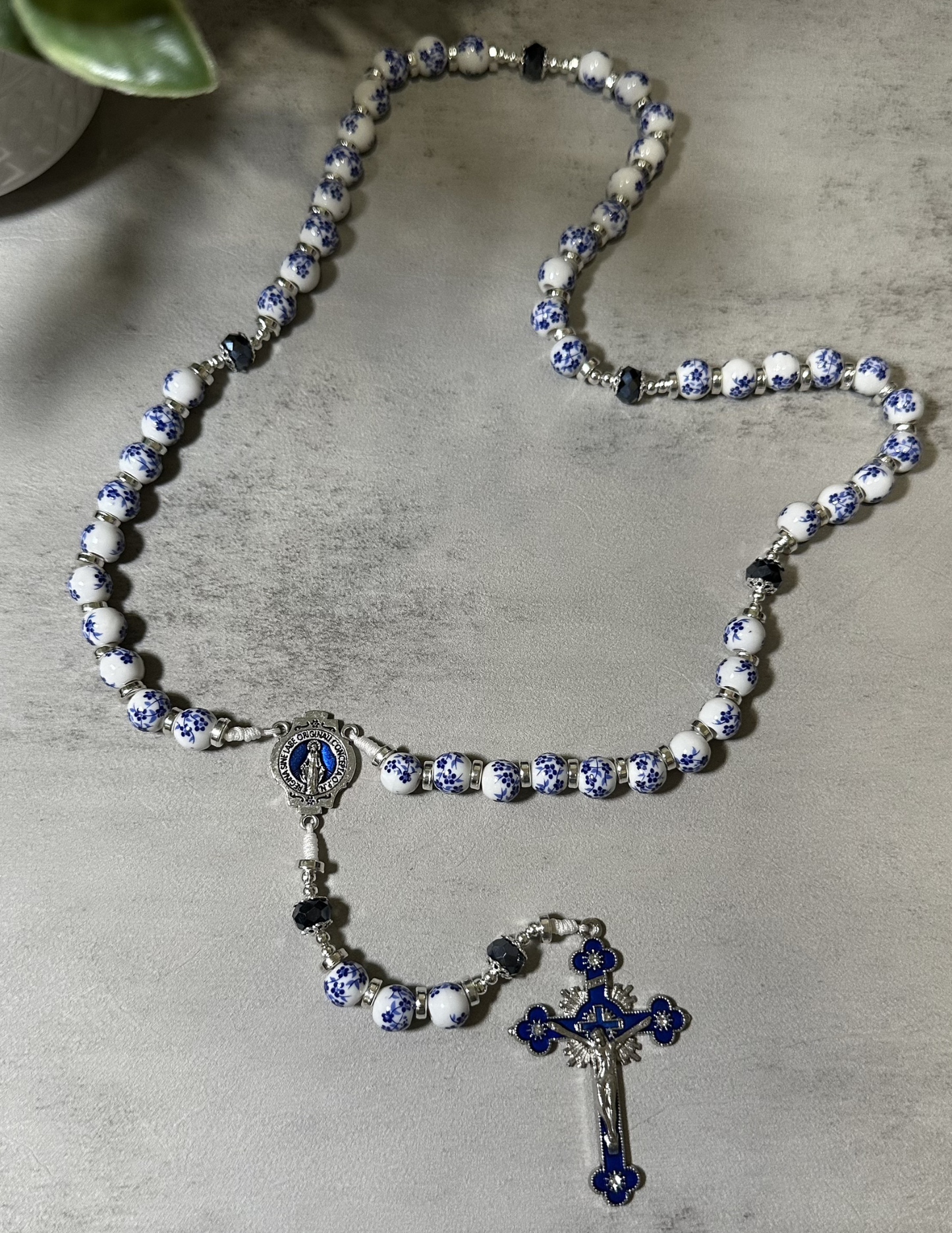 Catholic Rosary Beads | White Ceramic Blue Flower, Crystal Glass | Immaculate Conception Inspired