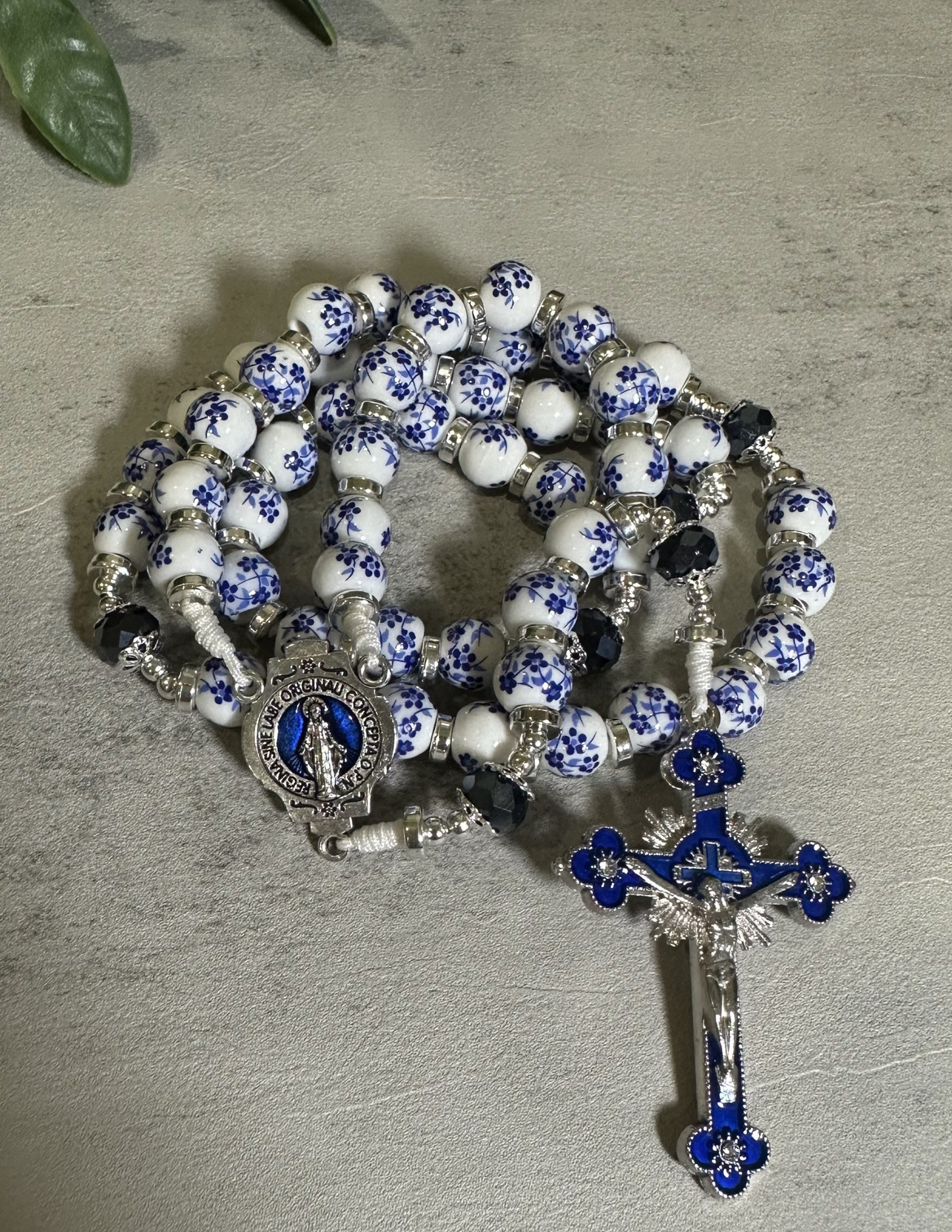 Catholic Rosary Beads | White Ceramic Blue Flower, Crystal Glass | Immaculate Conception Inspired