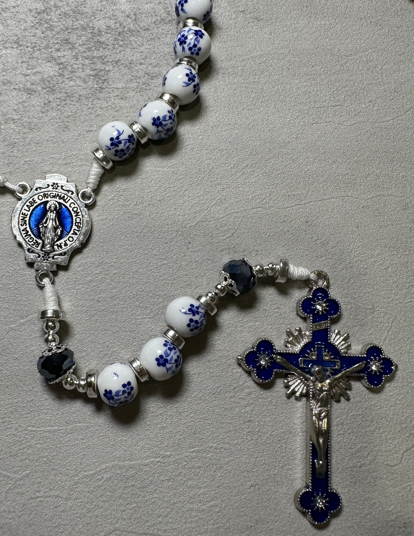 Catholic Rosary Beads | White Ceramic Blue Flower, Crystal Glass | Immaculate Conception Inspired